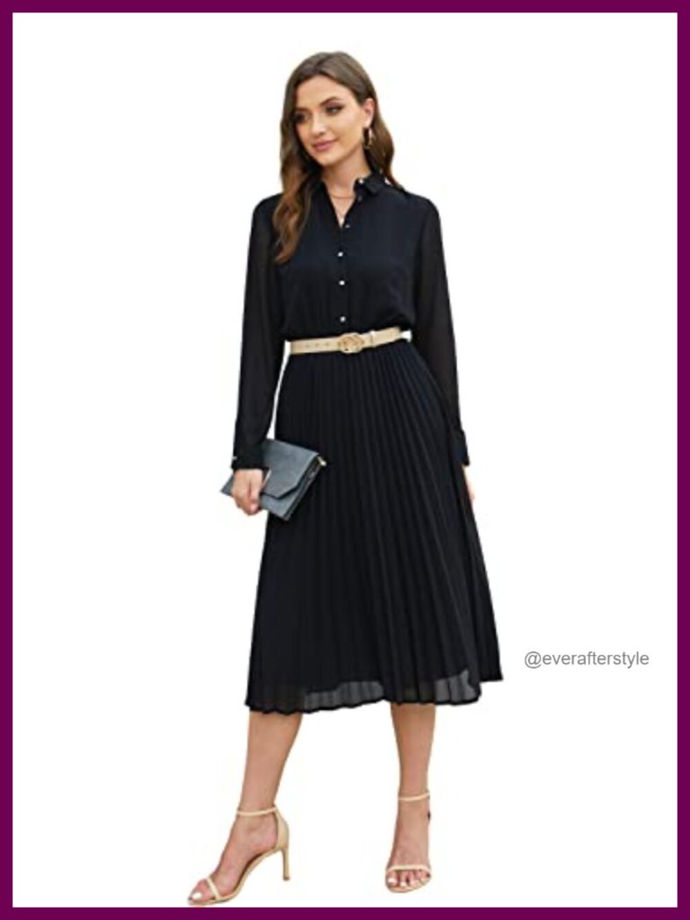 Women's Business Casual Midi Shirt Dress with Belt Long Sleeve